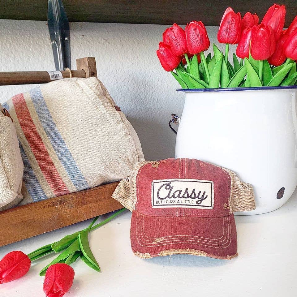 Classy But I Cuss A Little Red Distressed Trucker Cap