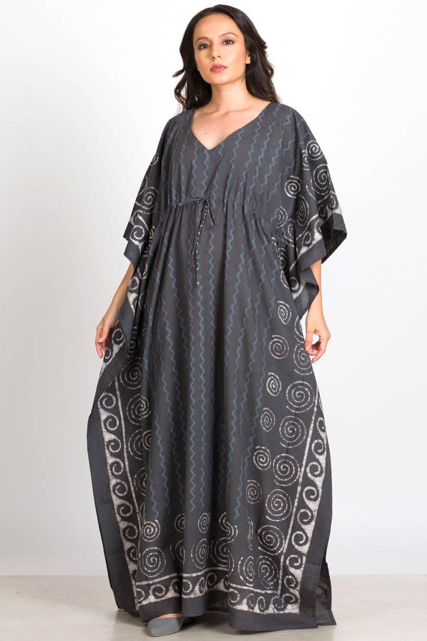 Spiral Block Print Kaftan Dress: Steel Grey