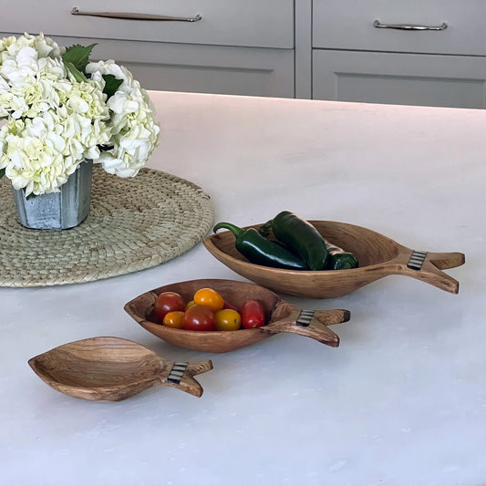 Fish Design Nested Olive Wood Bowls,