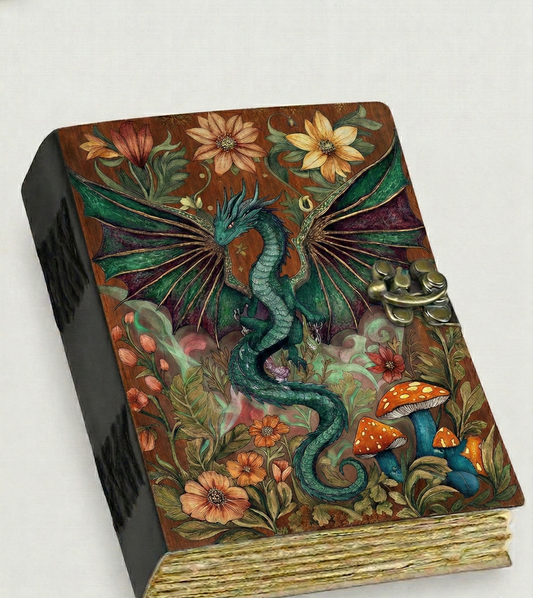 Dragon Grimoire Leather Journal UV Print Spellbook, Handmade: Blue