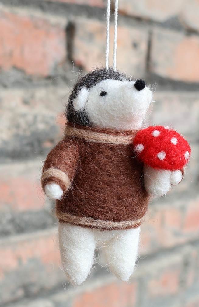 Felt Hedgehog carring Mushroom Ornament