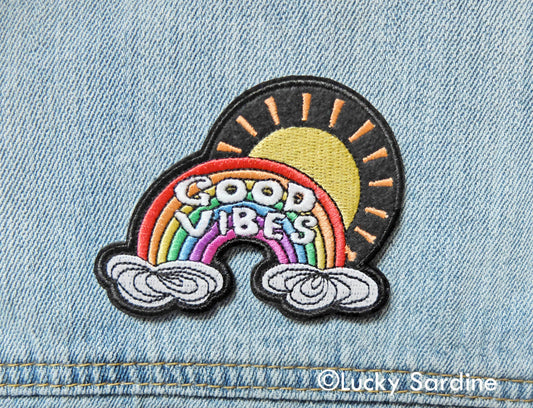 Good Vibes Sunshine, Rainbow Felt Embroidered Iron-On Patch