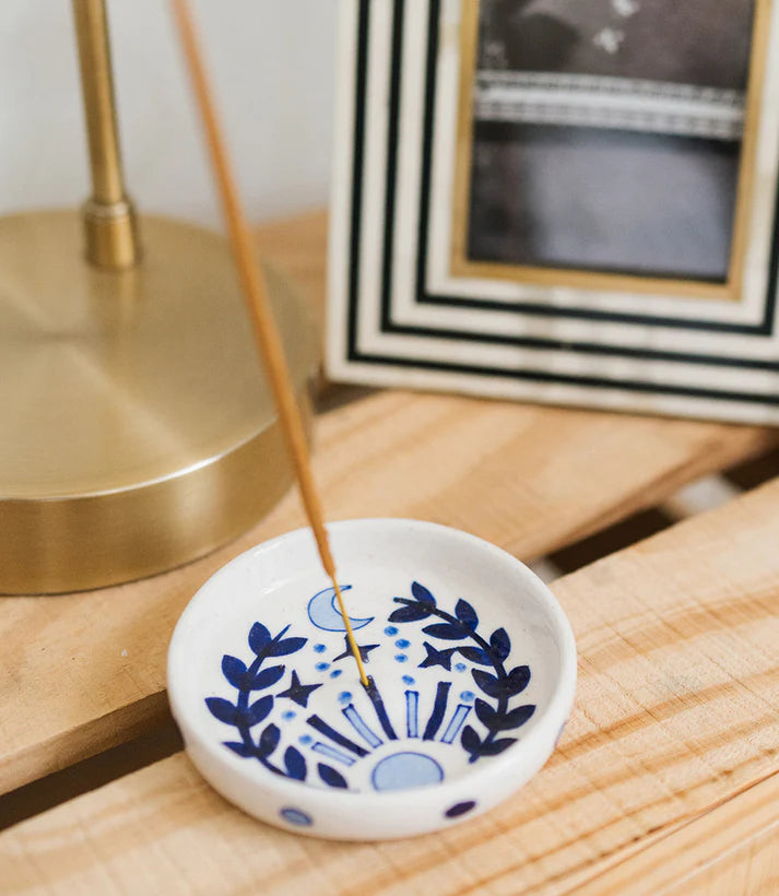 LALITA ROUND INCENSE HOLDER - HAND PAINTED BLUE & WHITE