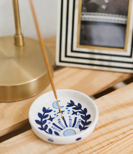 LALITA ROUND INCENSE HOLDER - HAND PAINTED BLUE & WHITE