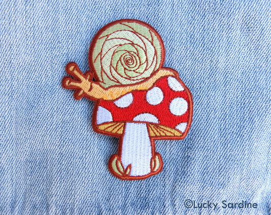 Snail & Toadstool, Mushroom Shroom Embroidered Iron-On Patch