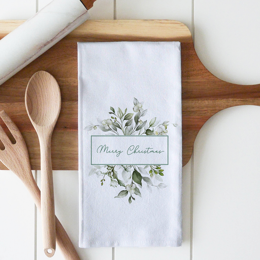 Merry Christmas Greenery Tea Towel: White