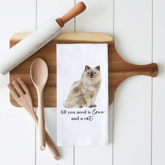 Love And A Cat Tea Towel: White • 100% Cotton Bombay