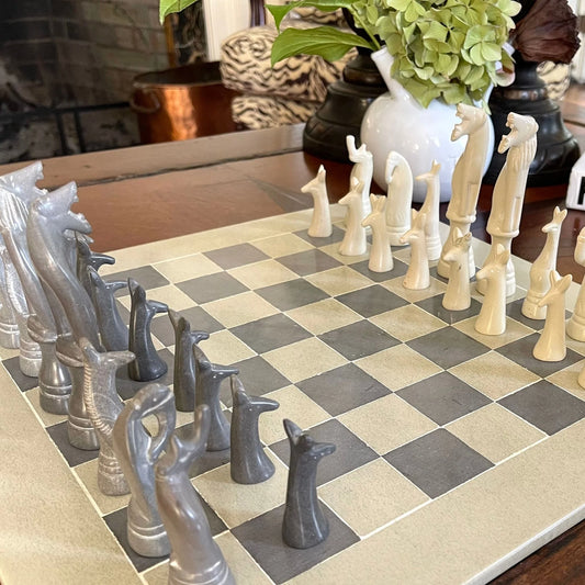 Soapstone Hand-Carved Chess Set in Box - Safari Animal Pieces - Grey/Natural Stone