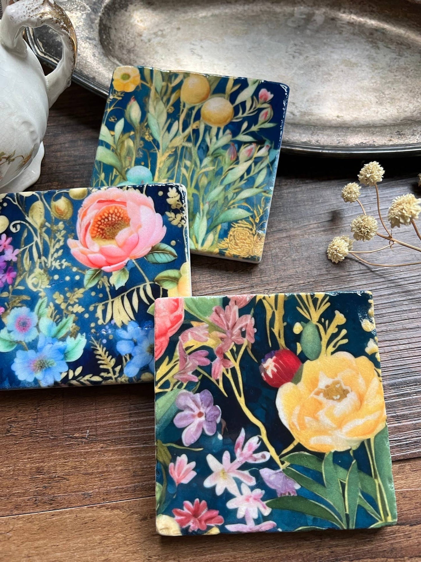Watercolor Garden Midnight stone coaster