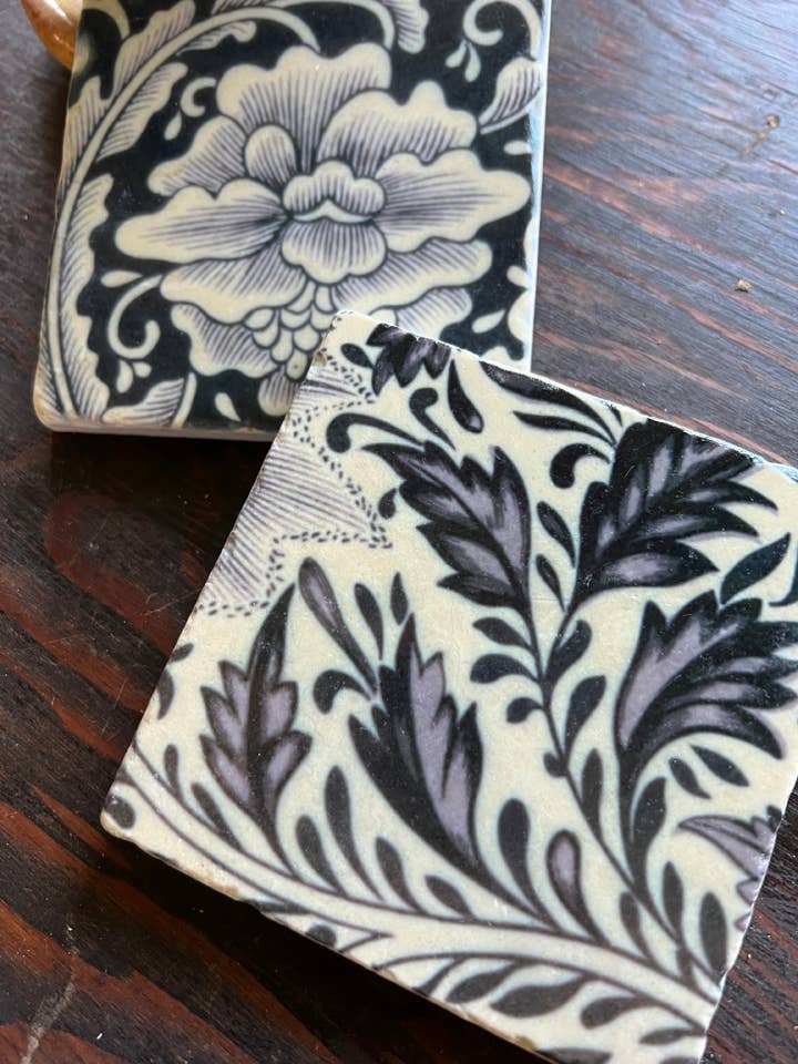 Ivory and Black Floral stone coaster