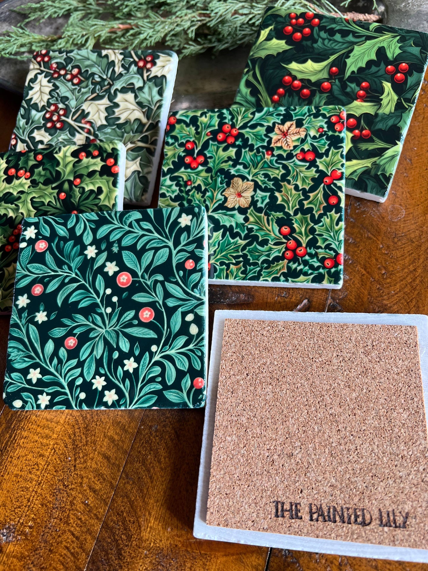 Holiday Holly stone coasters