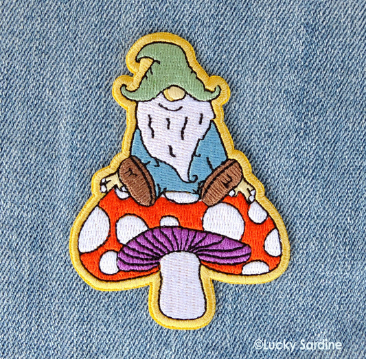 Gnome & Mushroom, Toadstool Garden Embroidered Iron-On Patch