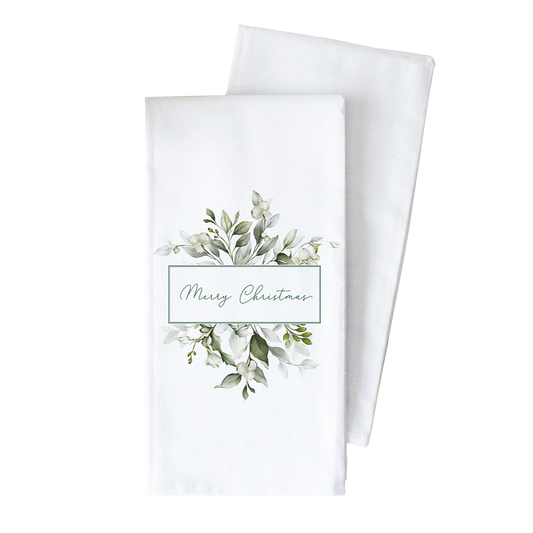 Merry Christmas Greenery Tea Towel: Sage