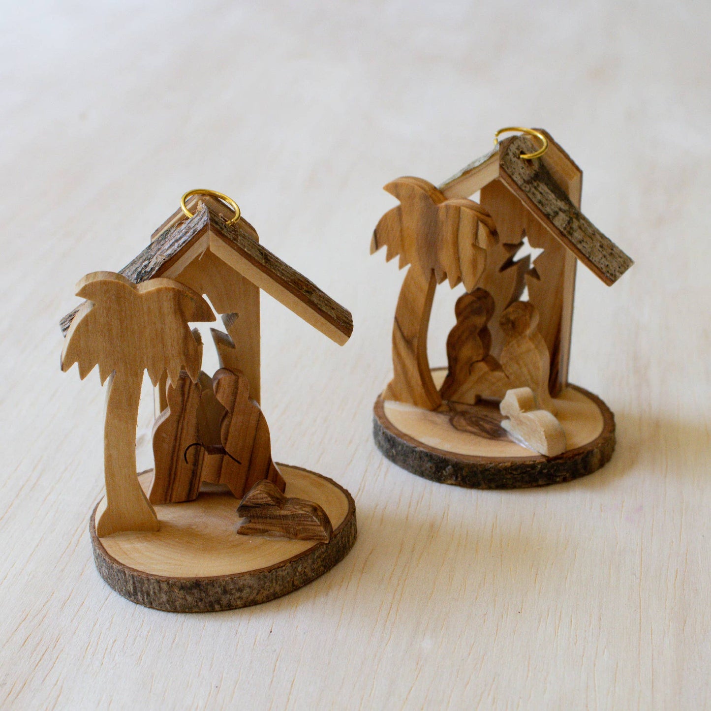 Olive Wood Nativity Ornament with Bark