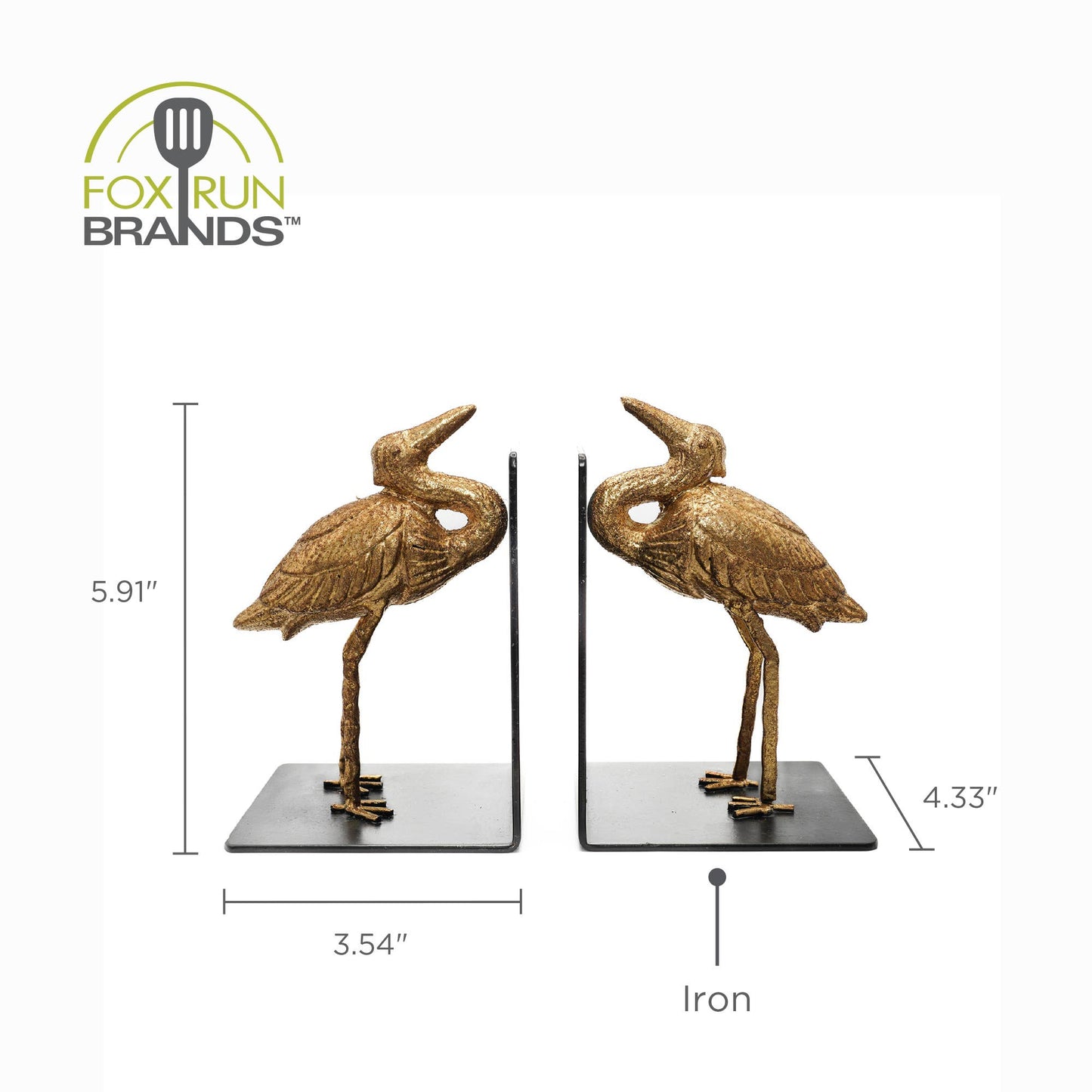 Fox Run Crane Decorative Bookend Set, Iron, 3.5”x4.1”x5.75"
