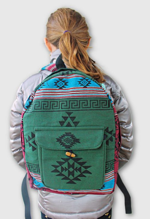 Hand Block-Printed Backpack on Striped Cotton Fabric