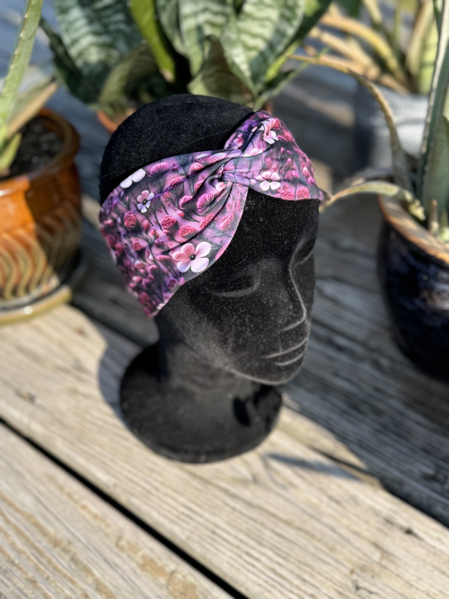 Purple embroidered flowers headband