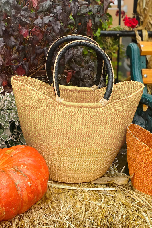 Natural Ghanaian Wing Shopper with Black & Cream Leather Handles