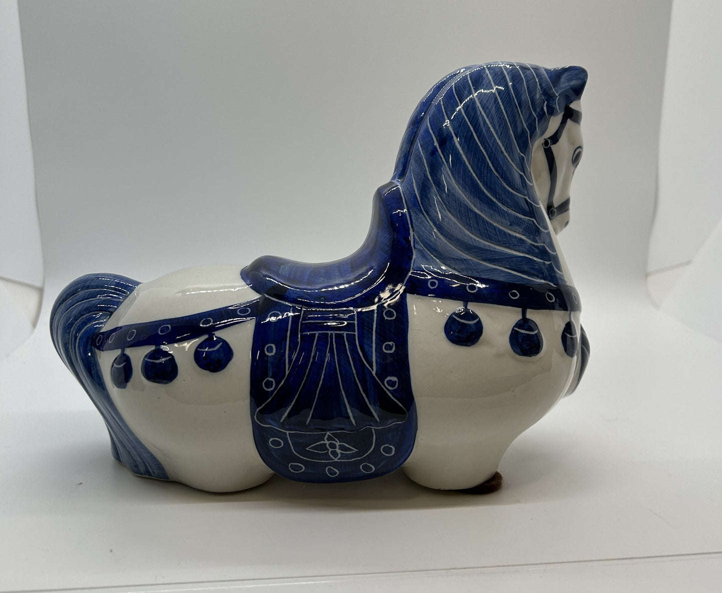 Horse blue & white hand painted designs by Nora Fenton