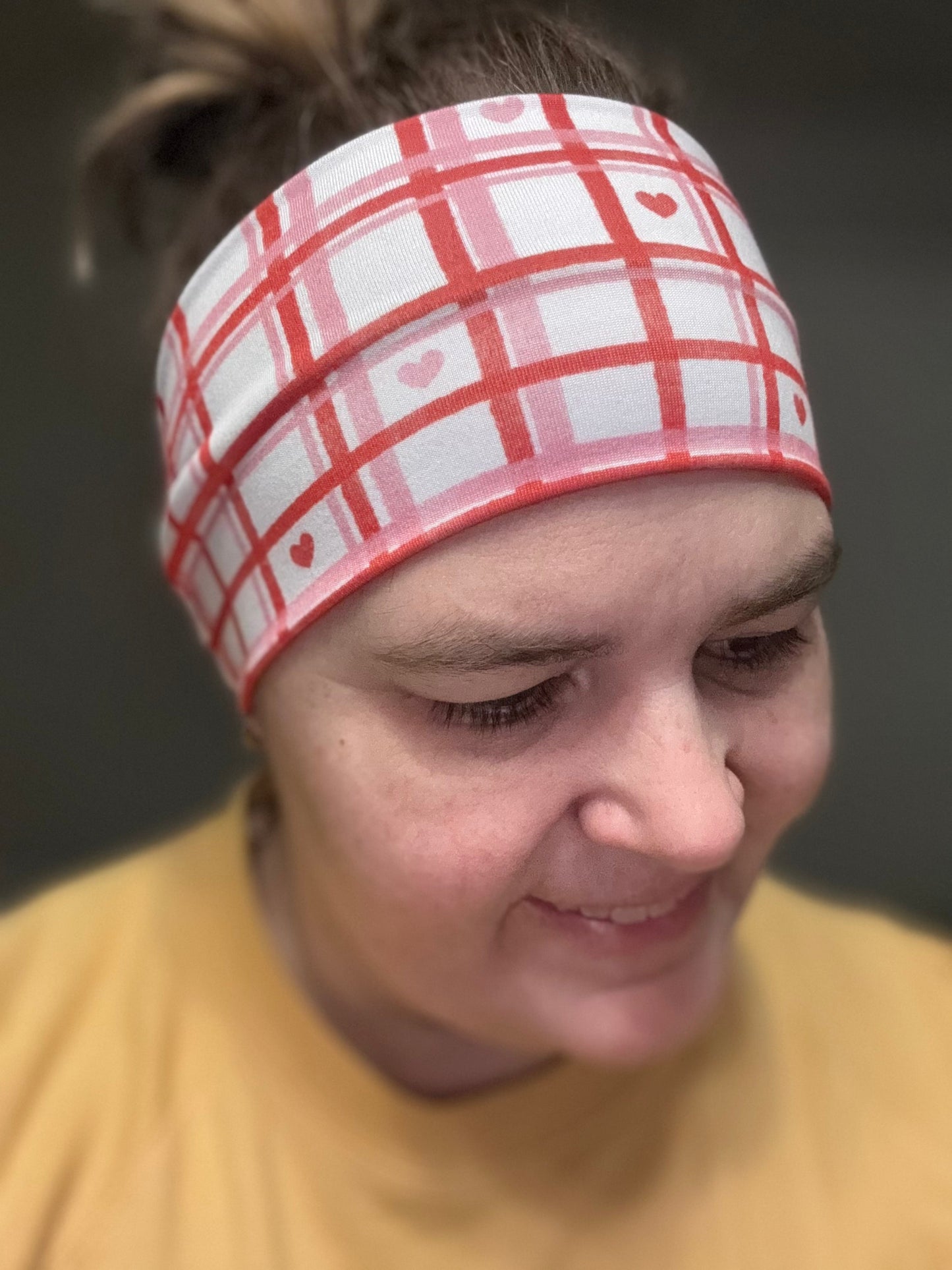 pink plaid with hearts Headband