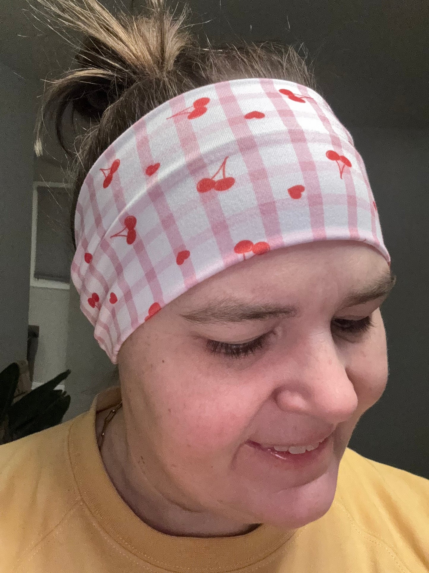 Pink plaid with cherries Headband