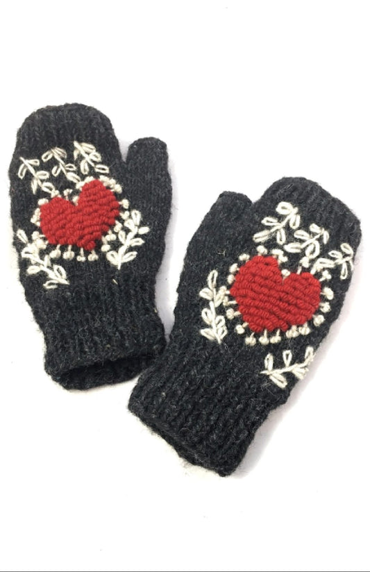 Heart Wool Embroidery Fingerless - Gloves