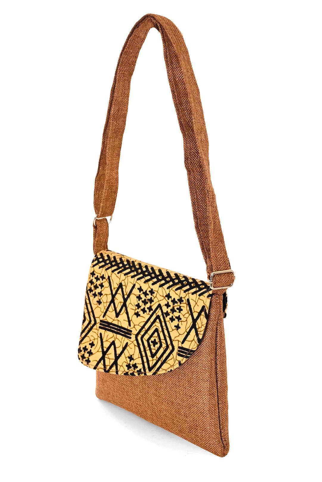 Brown Jute & African Print Crossbody Bag
