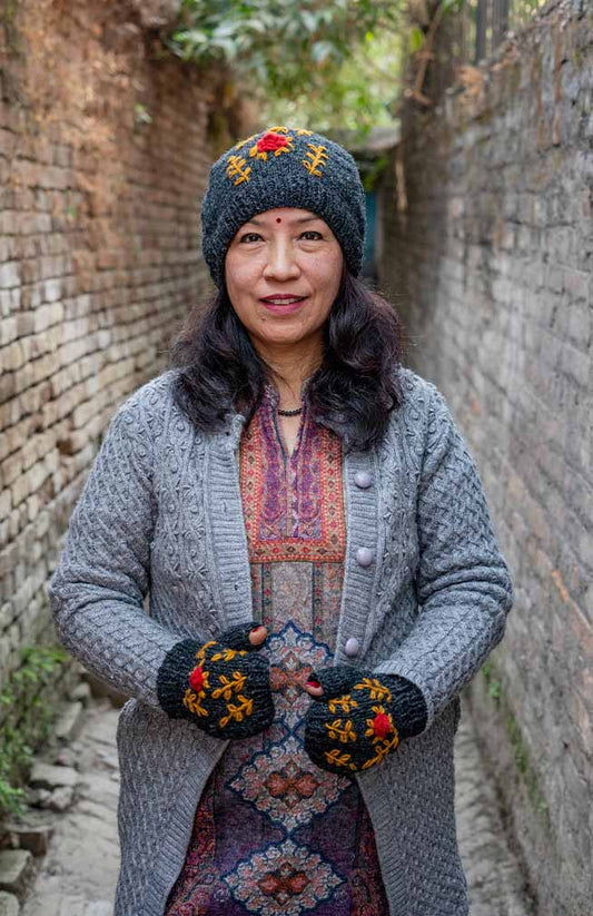 Charcoal Grey Red Rose Embroidered Beanie