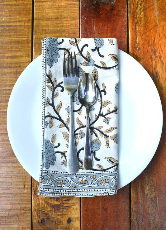 Silver Floral Block Print Napkins - Set of 4