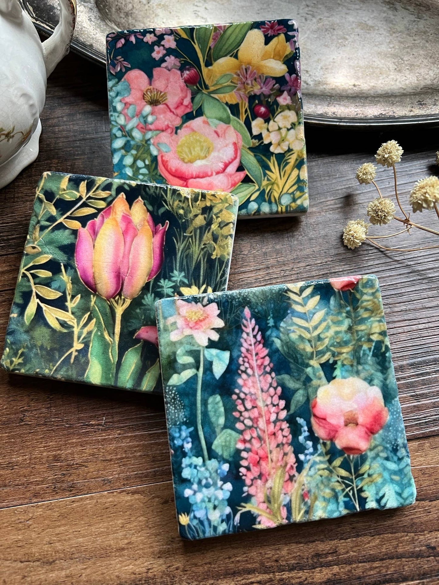 Watercolor Garden Midnight stone coaster