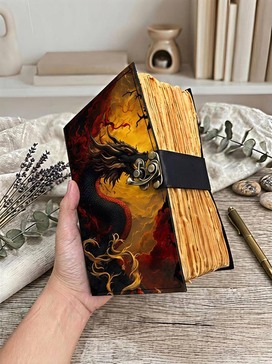Dragon Leather Journal Lock, Fantasy Fire Dragon Notebook
