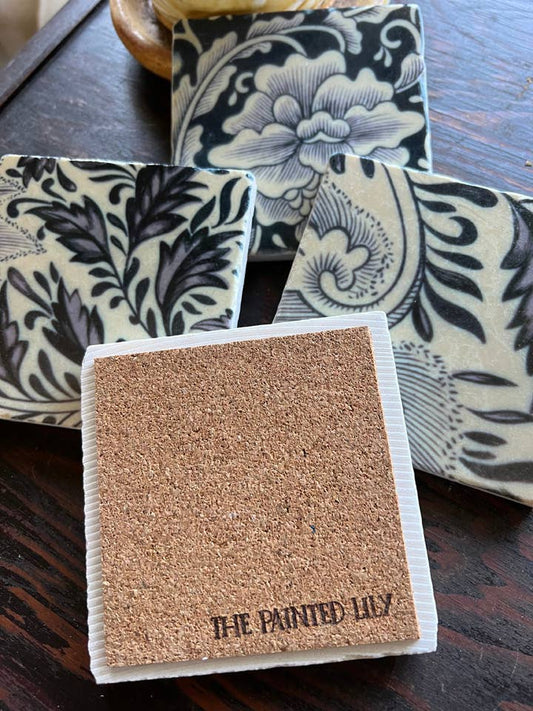Ivory and Black Floral stone coaster