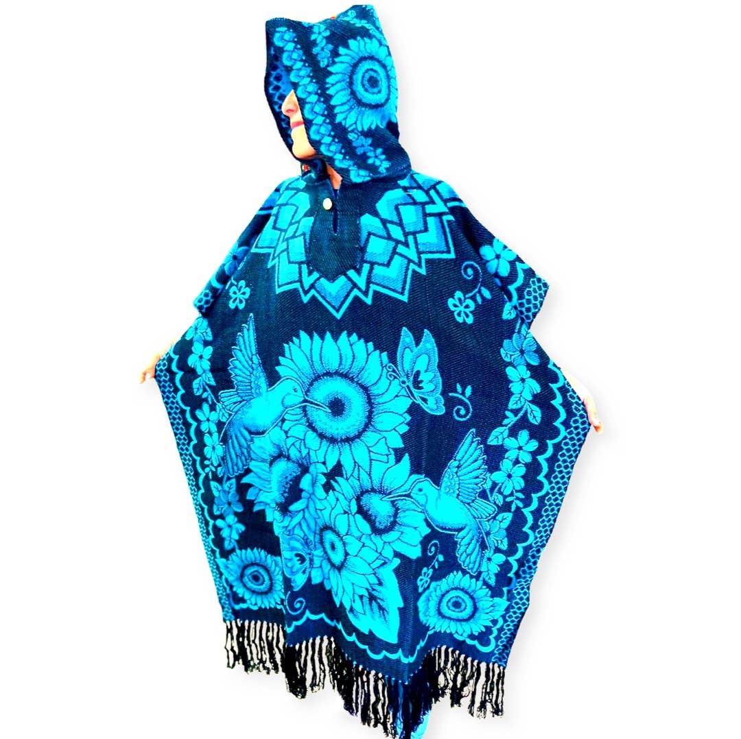 Poncho Flowers Hummingbirds Reversible