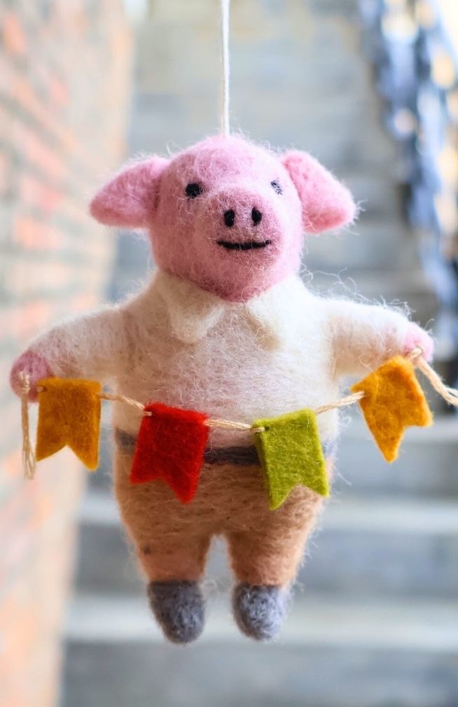 Felt Pig with Flag Ornament