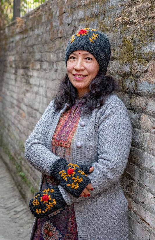 Charcoal Grey Red Rose Embroidery Fingerless Gloves