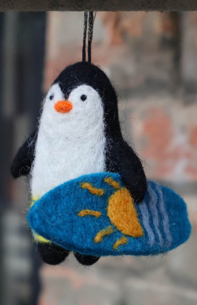 Felt Surfing Penguin Ornament
