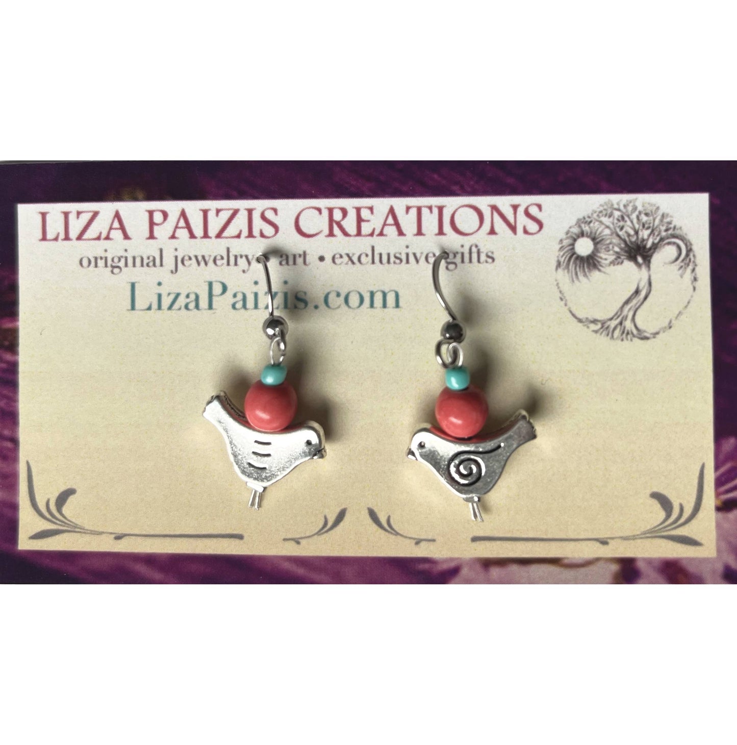 Coral Howlite Dove Bird Earrings