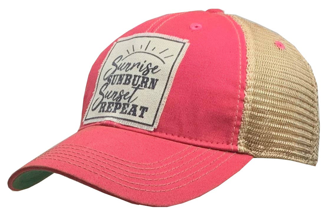 Sunrise Sunburn Sunset Repeat Pink Distressed Trucker Cap