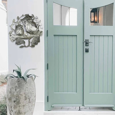 Pair of Owls on Perch Haitian Metal Drum Wall Art