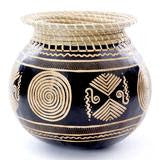 Carved Calabash Gourd Vessel with Basketry Rim