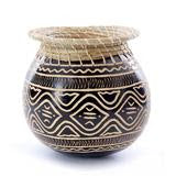 Carved Calabash Gourd Vessel with Basketry Rim