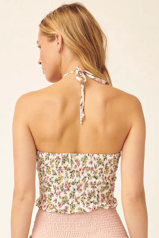 Floral Self-Tie Halter Neck Smock Cami Top
