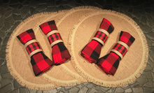 Load image into Gallery viewer, Holiday Burlap Placemats with Buffalo Plaid napkins and napkin rings
