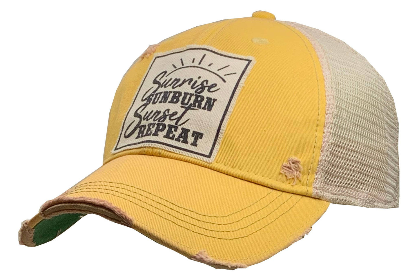 Sunrise Sunburn Sunset Repeat Yellow Distressed Trucker Cap