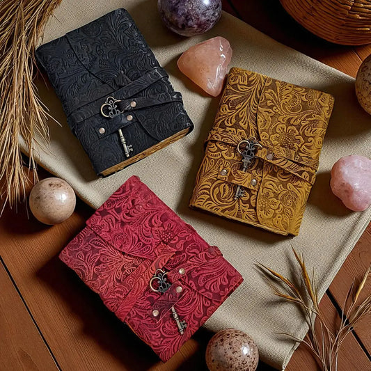 Floral Leather Journal with Key | Deckle Edge Travel Book: Brown