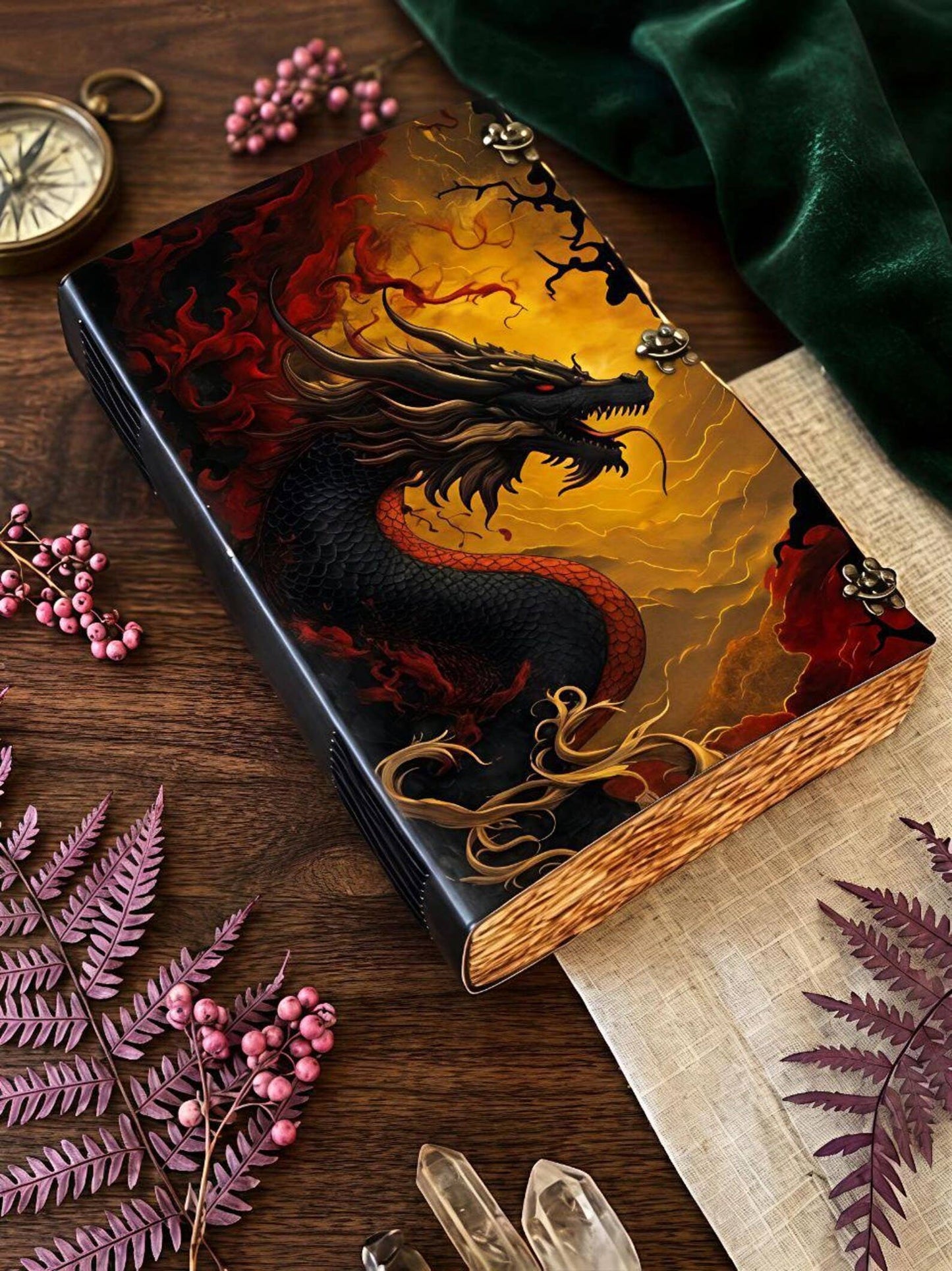 Dragon Leather Journal Lock, Fantasy Fire Dragon Notebook