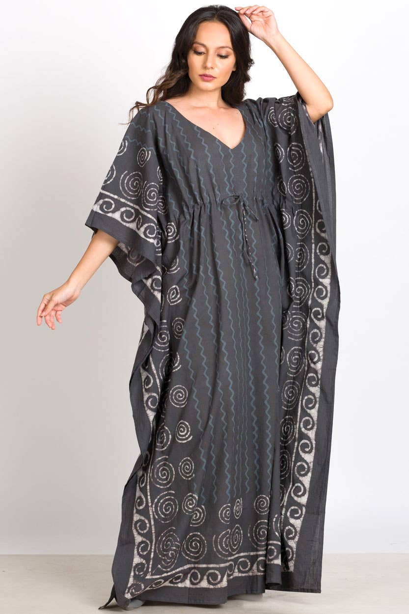 Spiral Block Print Kaftan Dress: Steel Grey