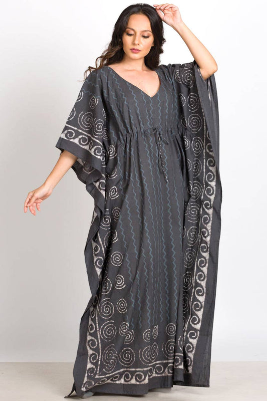 Spiral Block Print Kaftan Dress: Steel Grey