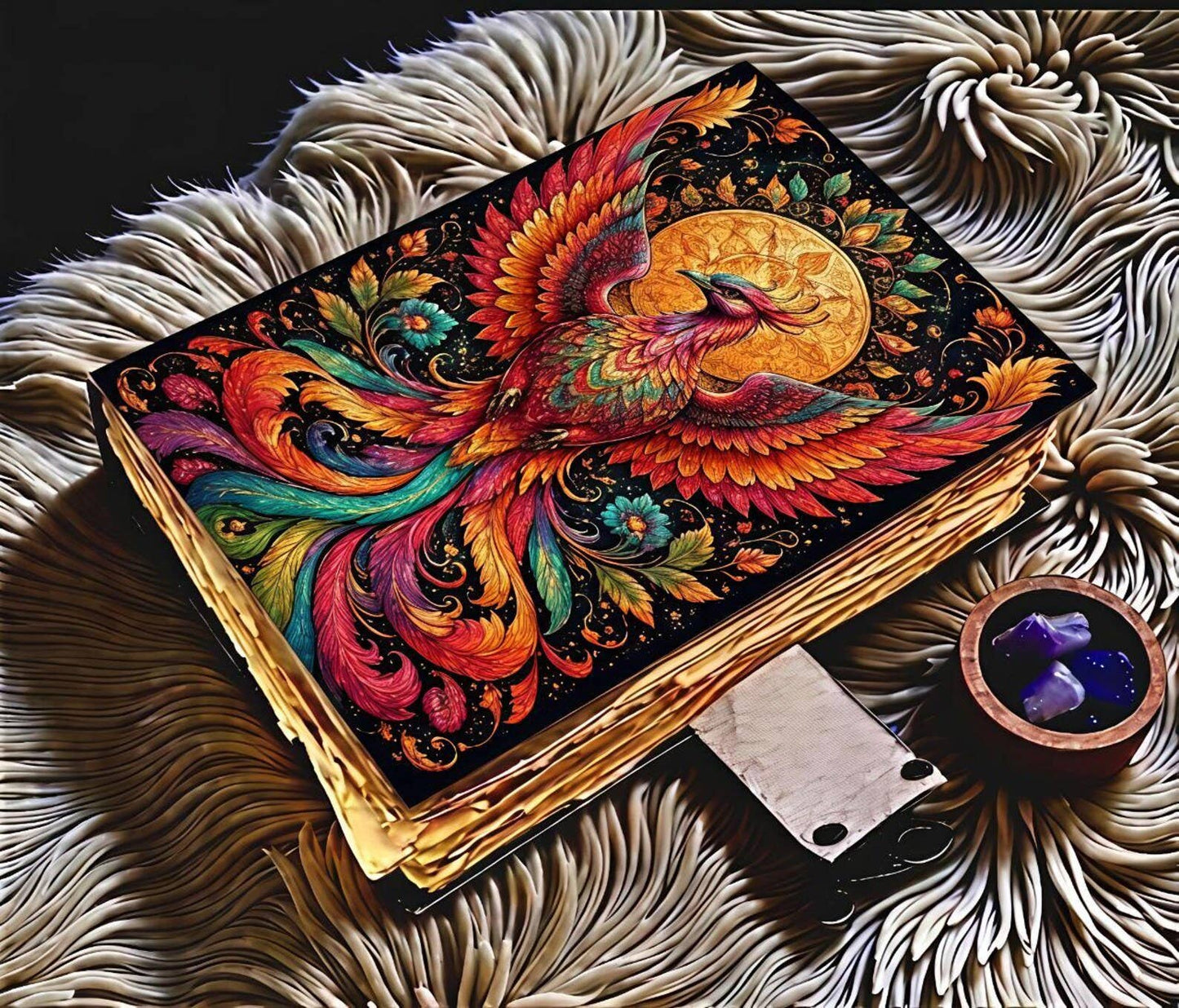 Handmade Phoenix Journal with Lock Rainbow Firebird Grimoire