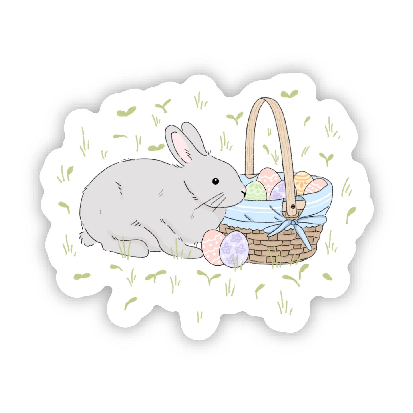Cute Gray Bunny With Easter Egg Basket Sticker
